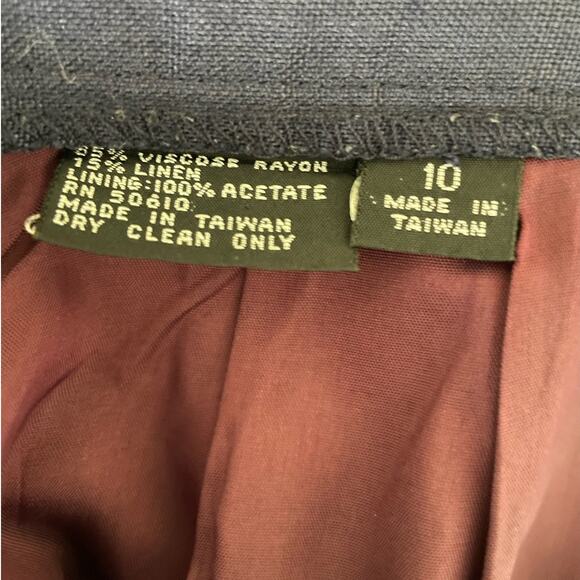 Women Pencil Skirt 10 Navy Midi Length Rayon Linen Pleated Uniform Secretary Y2K - Picture 2 of 10